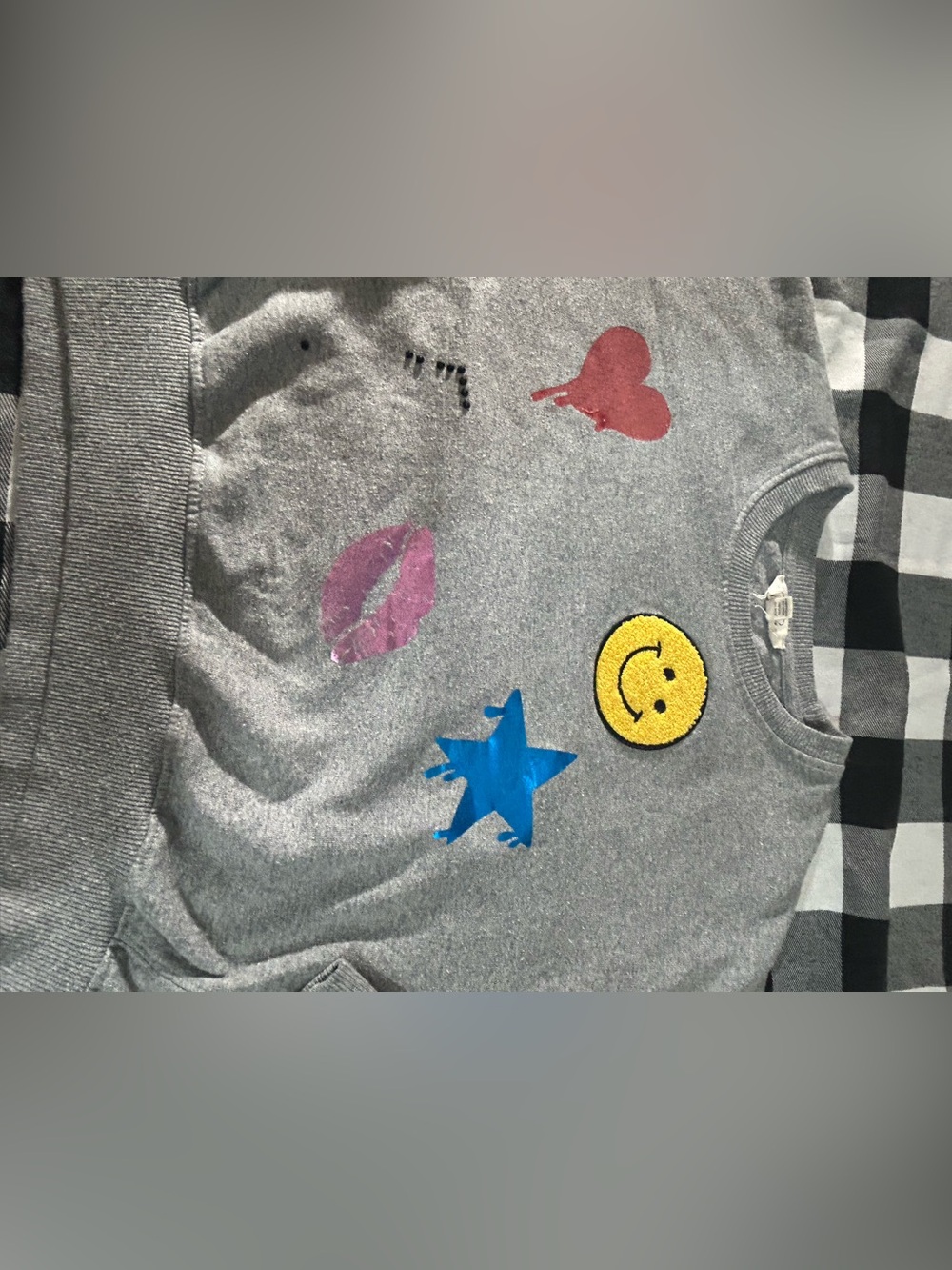Sundance Gray Sweatshirt with Colorful Smile, Star, Heart & Lip Motifs